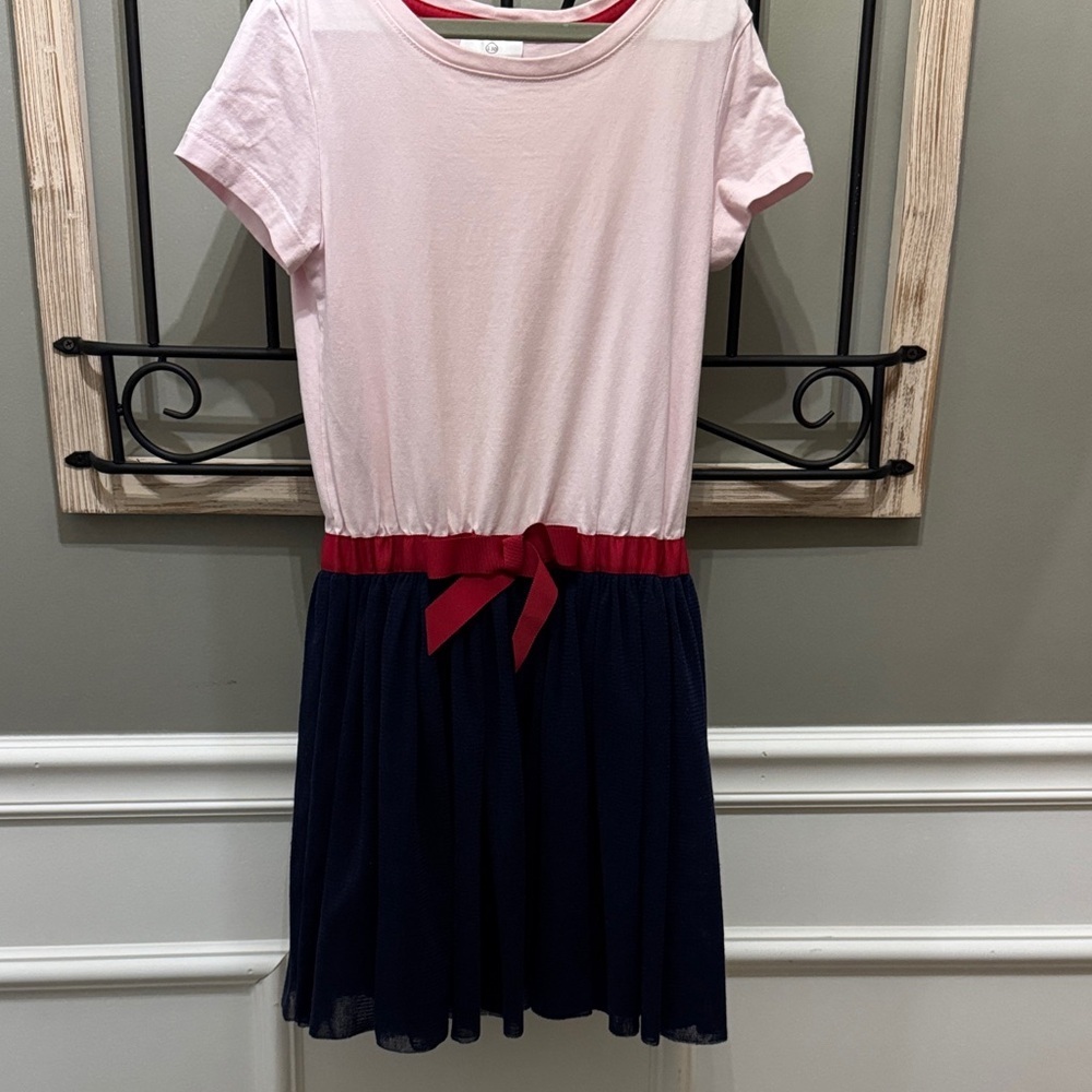 Hanna Andersson Pink and Navy Dress with Red Bow 130 boutique colorful